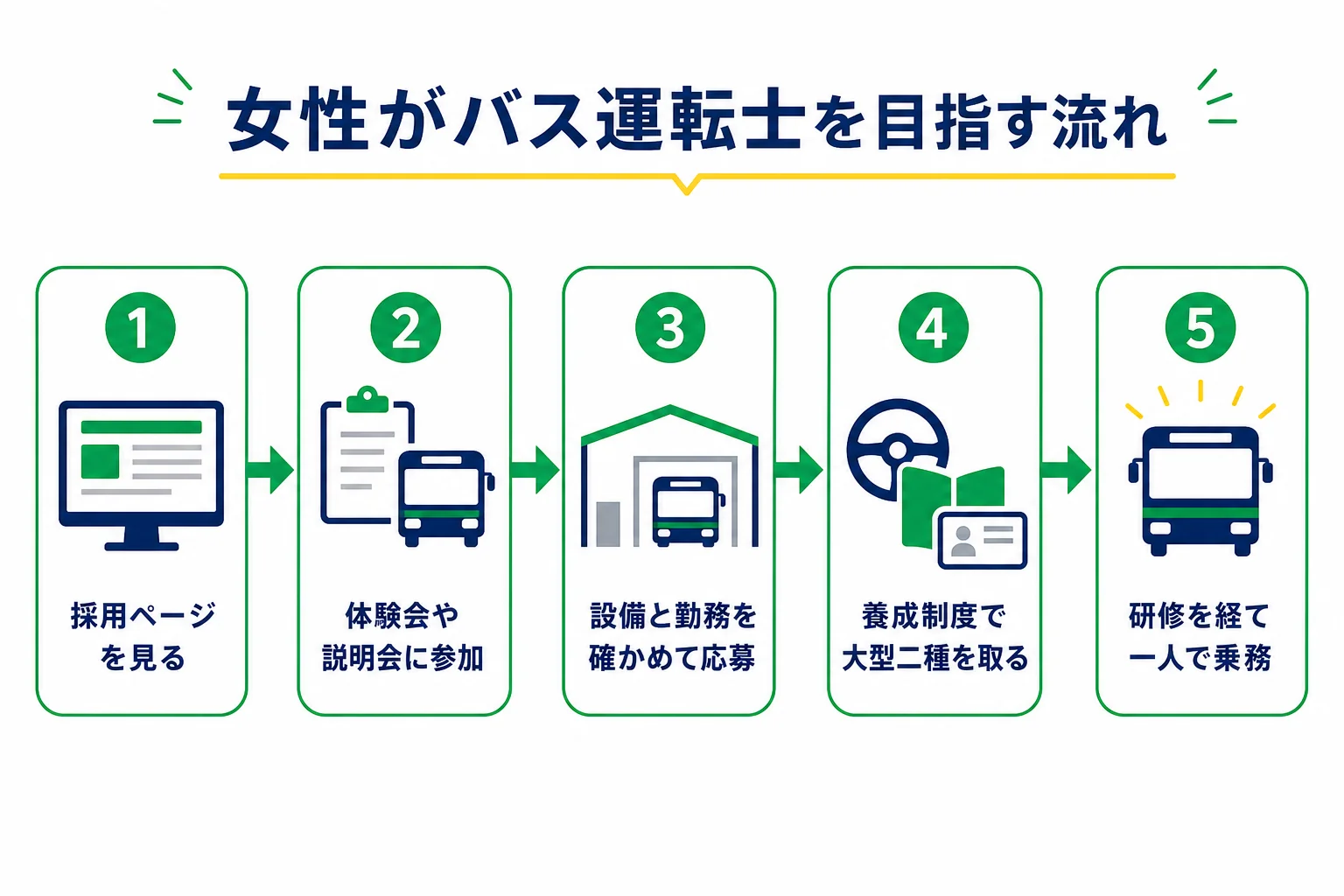 女性がバス運転士を目指す流れを、採用ページを見る・体験会・応募・大型二種の取得・研修と独り立ちの順に示した図解
