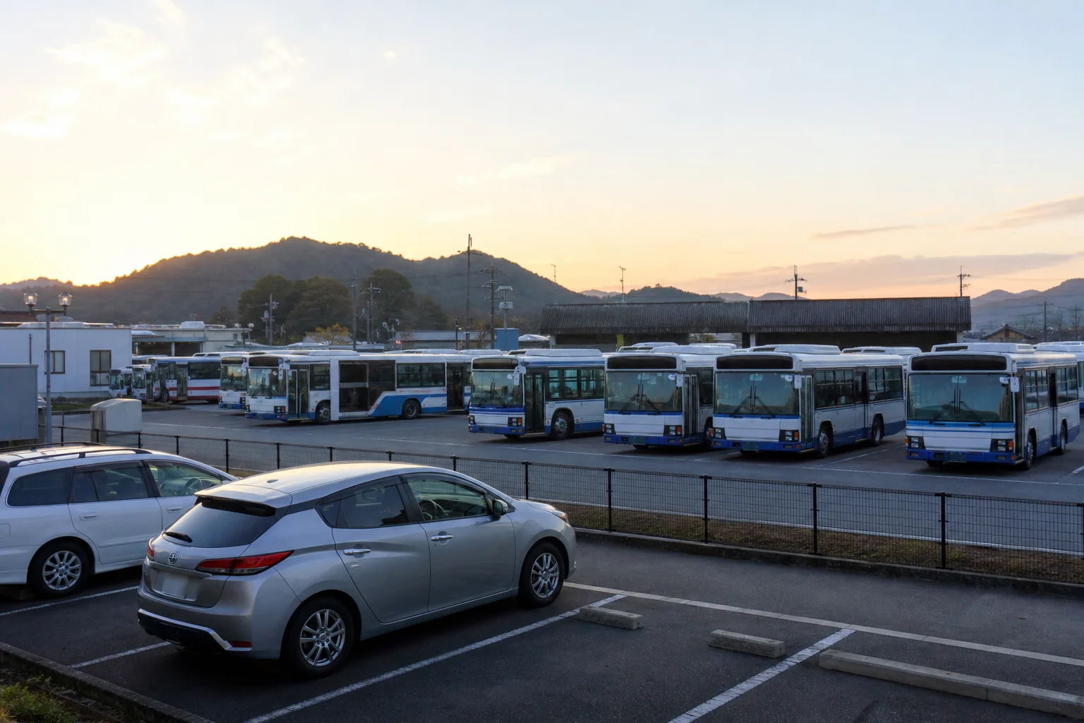 地方でバスの運転士として働く時に確かめたい、営業所の場所と車での通勤のイメージを示した早朝の営業所の写真