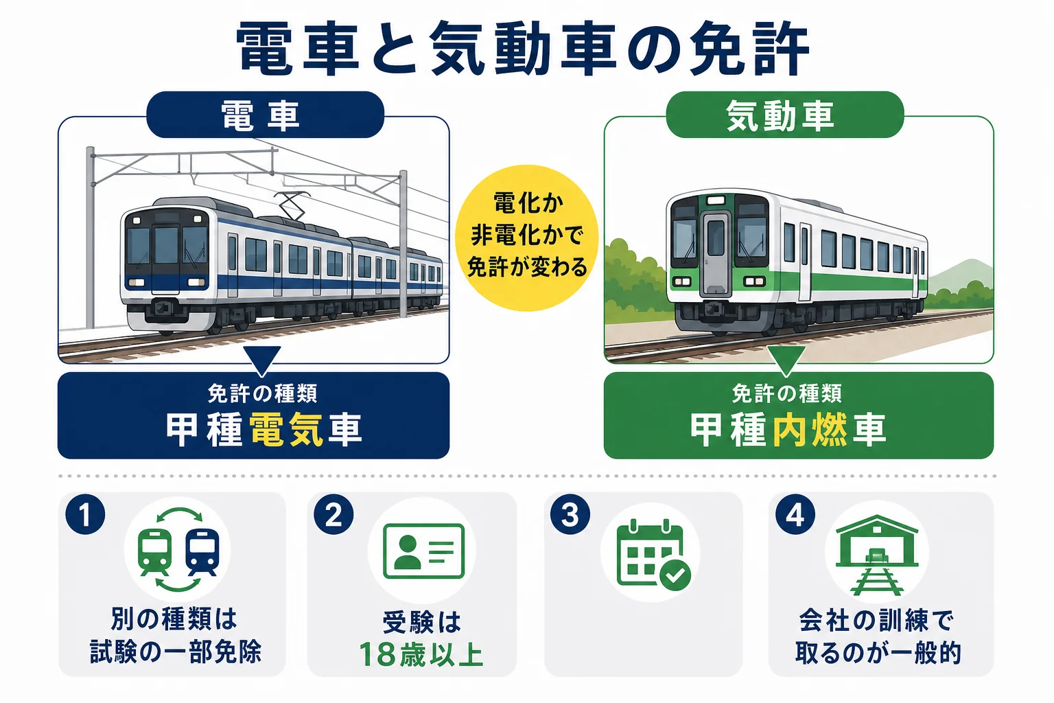地方鉄道で関わる電車と気動車の免許の違いを、甲種電気車と甲種内燃車で比べた図解