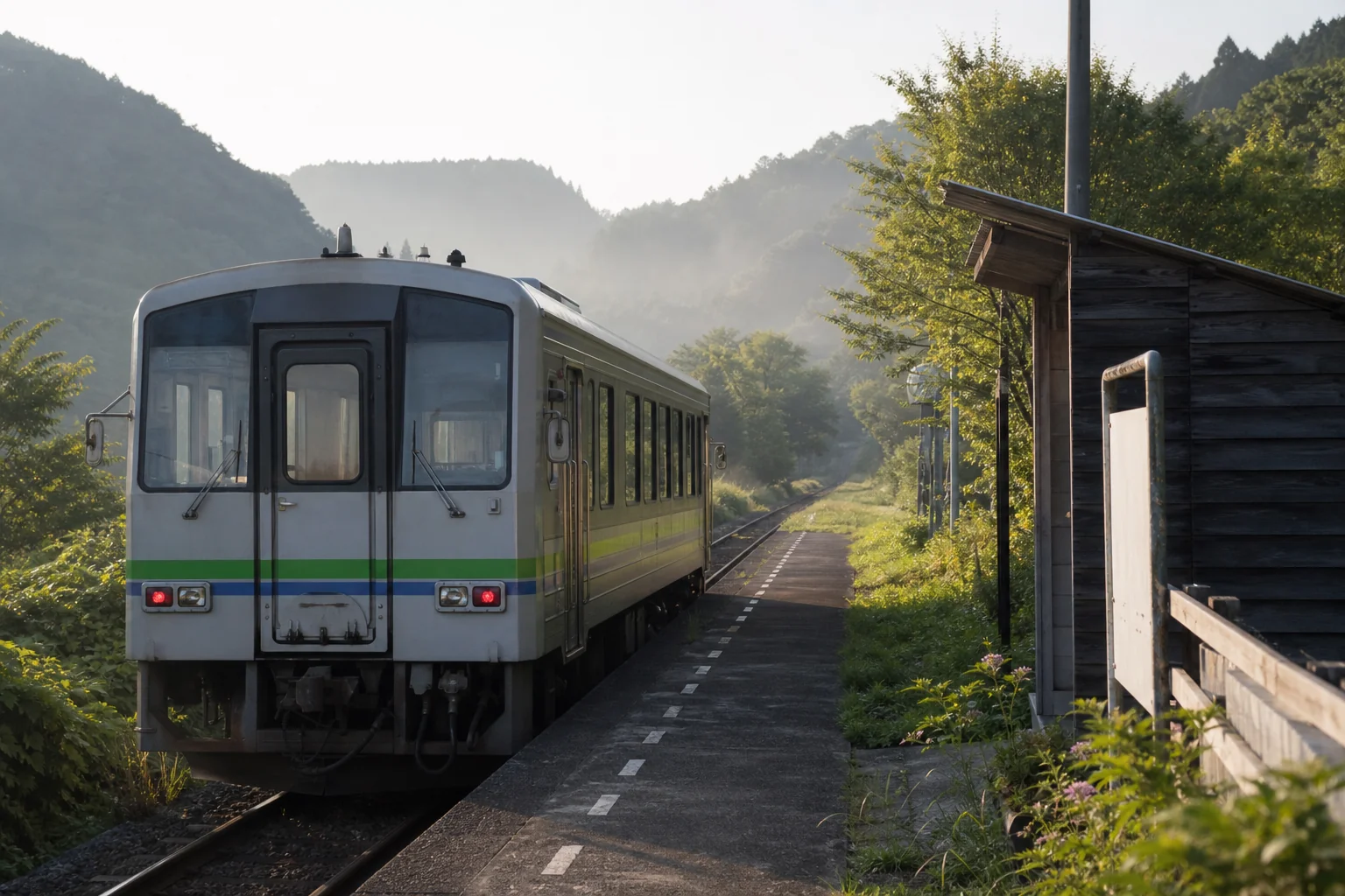 地方鉄道の小さな駅のホームに1両の列車が止まっている写真