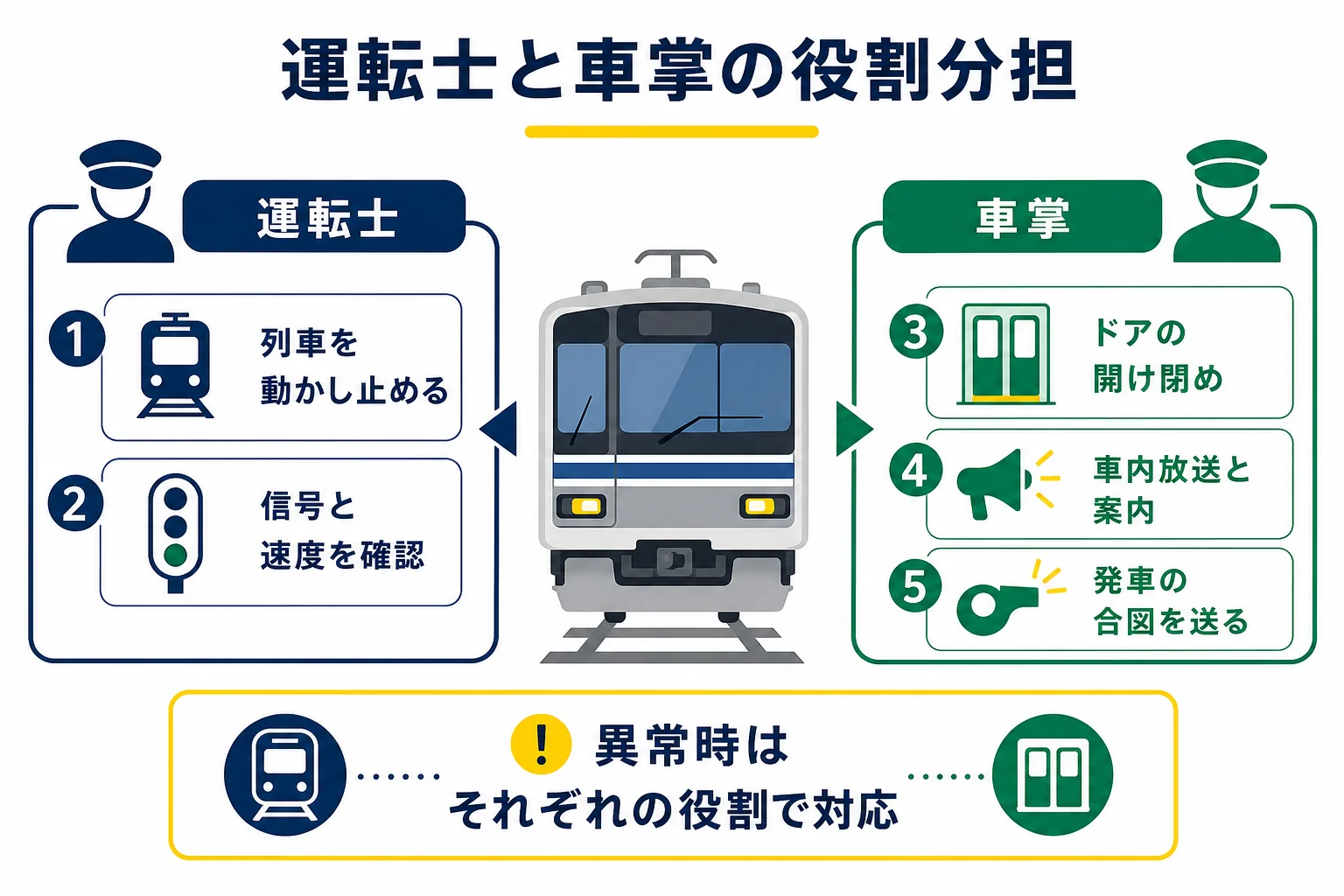 電車の運転士と車掌が、それぞれ受け持つ仕事を左右に分けて比べた図解