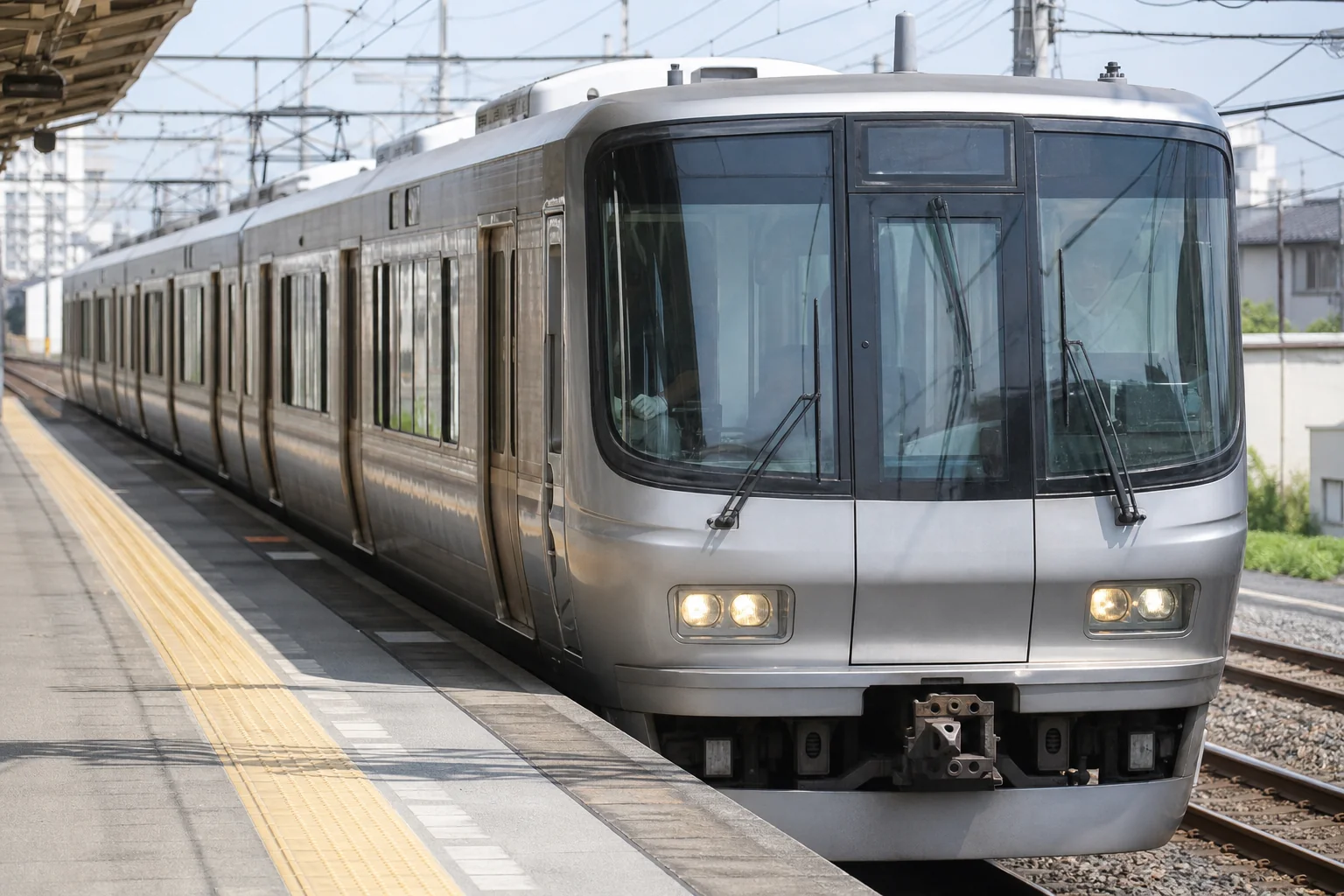 駅のホームに入ってくる通勤電車の運転台を、外から斜めに見た写真