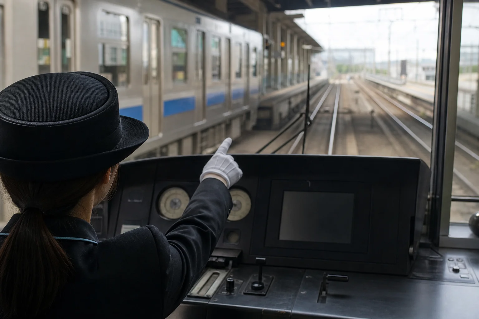駅のホームに停まる通勤電車の運転台で、手袋をした手で前方を指差して確認する運転士の手元の写真