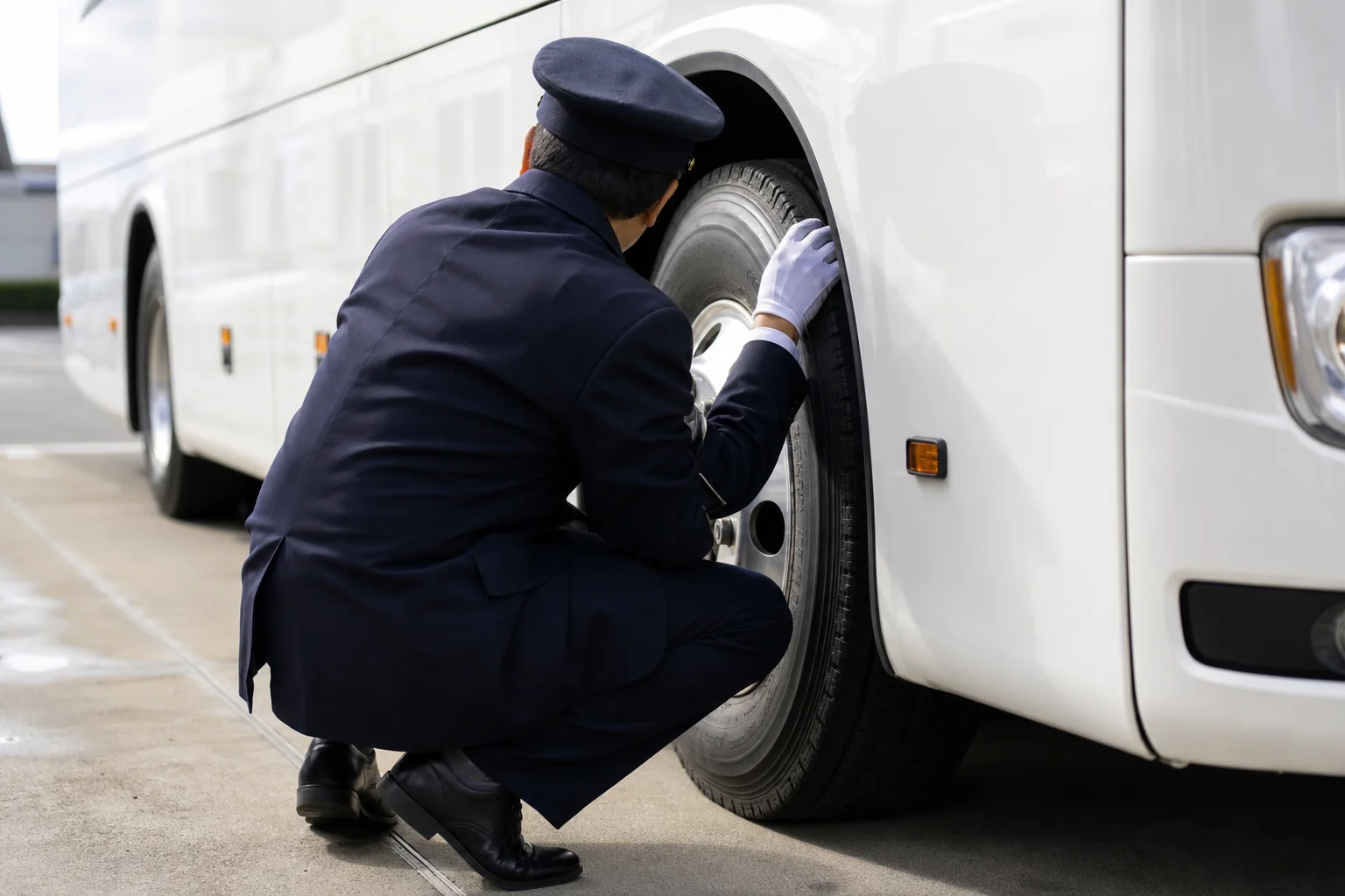 観光バスの運転士が出発前に車両を点検している様子の写真