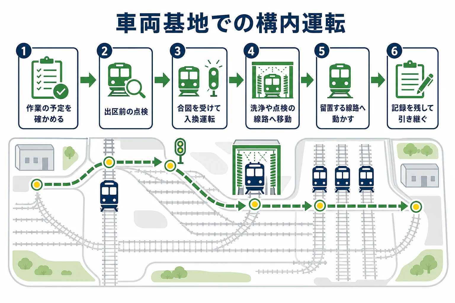 車両基地での構内運転の流れを、出区点検・入換運転・洗浄や点検の線路への移動・留置の順に示した図解