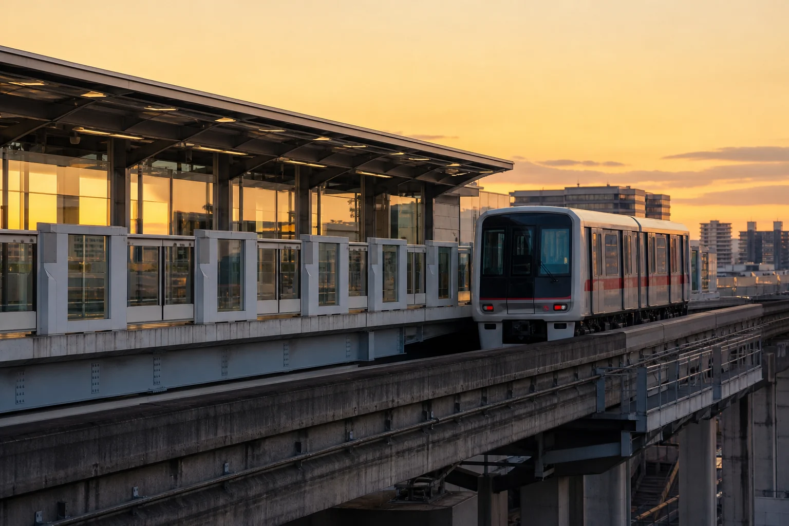 高架の専用軌道を走る新交通システムの車両とホームドアのある駅の写真
