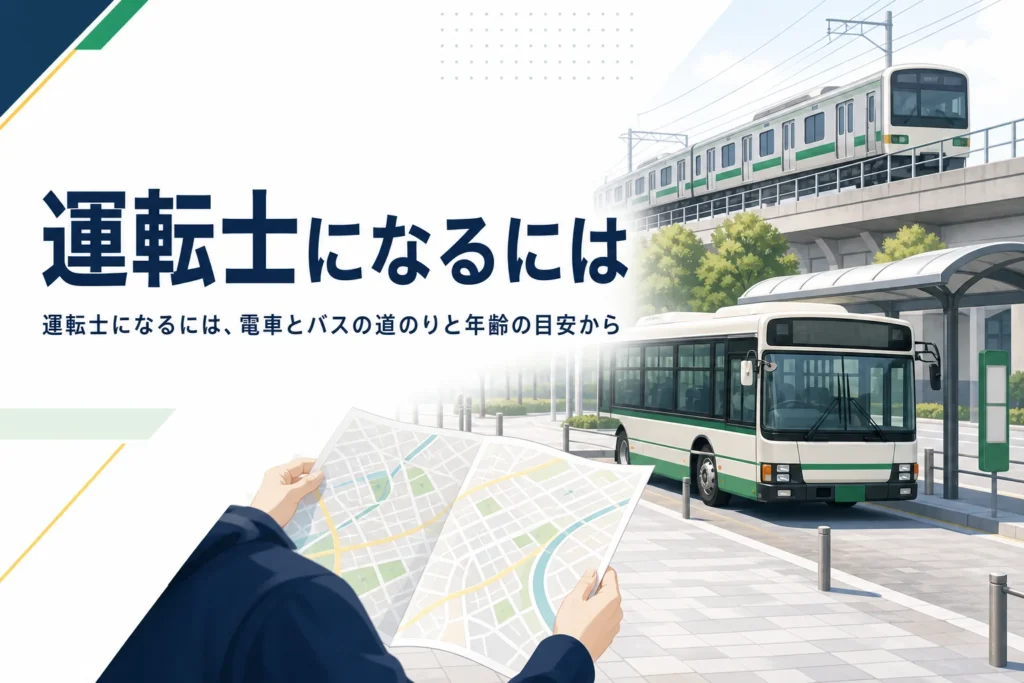 運転士になるにはどうすればいいかを、電車とバスの道のりと年齢の目安で解説する記事のアイキャッチ