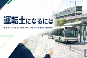 運転士になるにはどうすればいいかを、電車とバスの道のりと年齢の目安で解説する記事のアイキャッチ