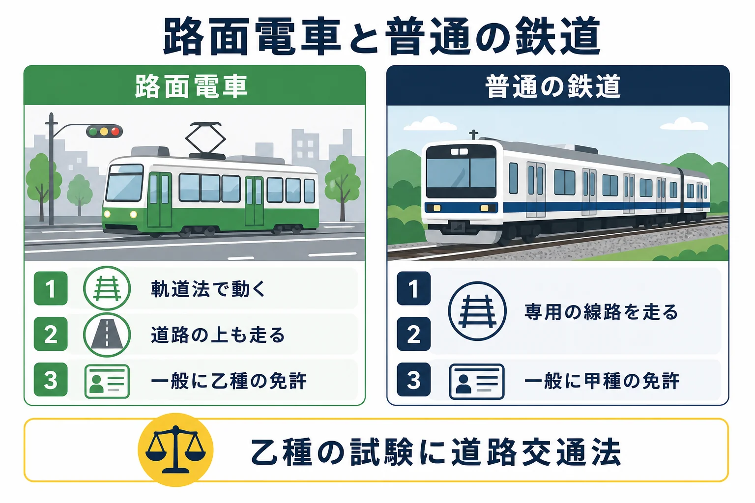 路面電車と普通の鉄道を、法律・走る場所・免許・試験科目で比べた図解