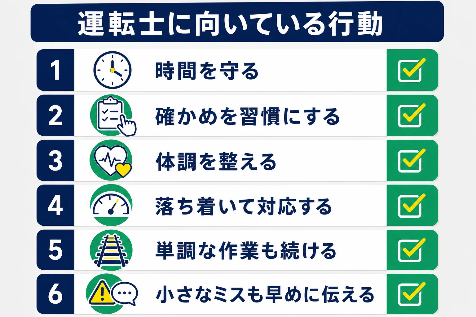 運転士に向いている人の特徴を、時間を守る・確かめを習慣にする・体調を整えるなどの行動で示したセルフチェックの図解