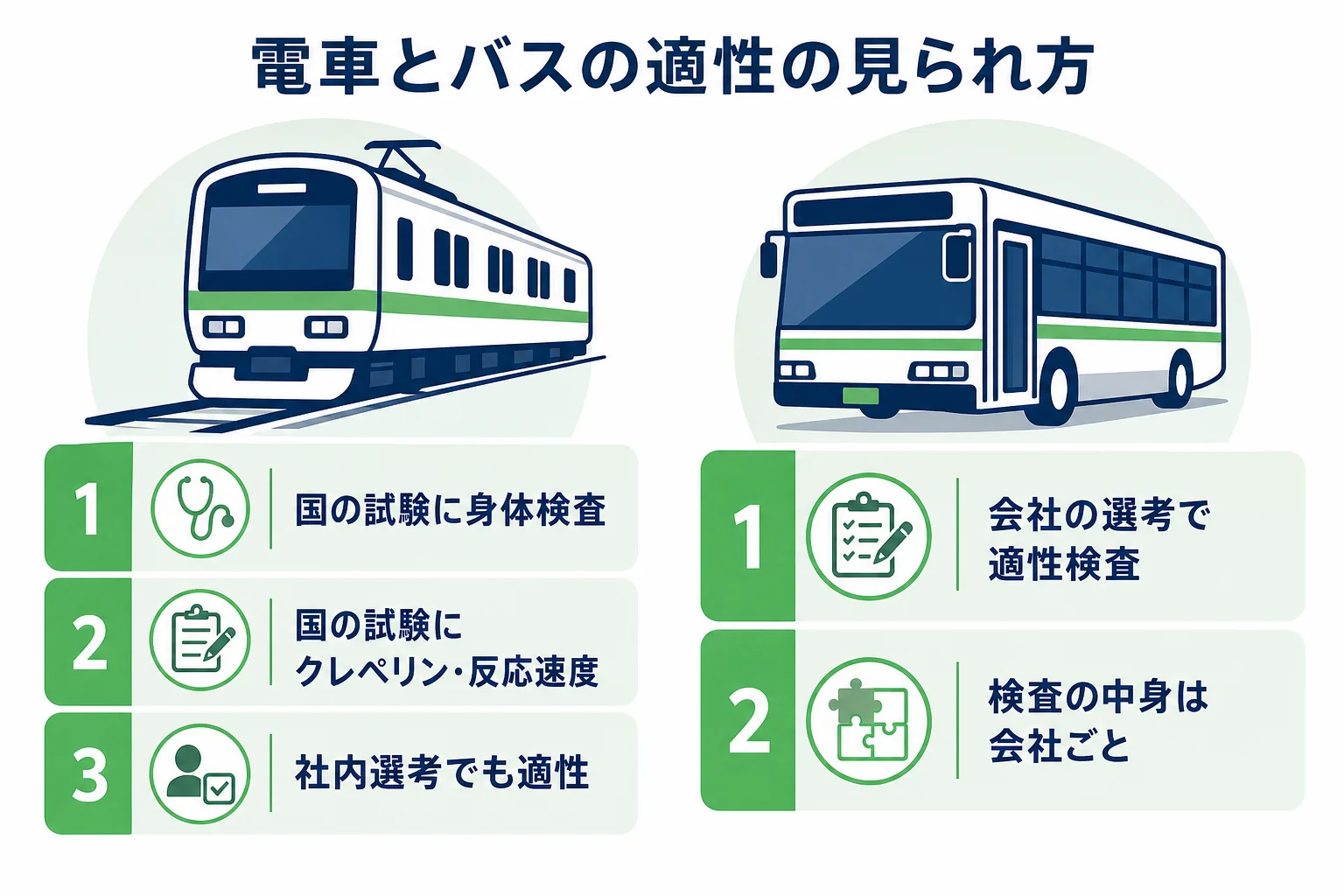 電車の運転士とバスの運転士で、国の試験と会社の選考の中で受ける適性の検査の違いを並べて示した図解