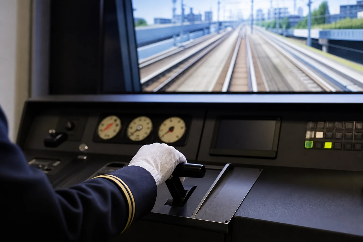 研修施設で運転シミュレータを使って訓練する運転士の手元の写真