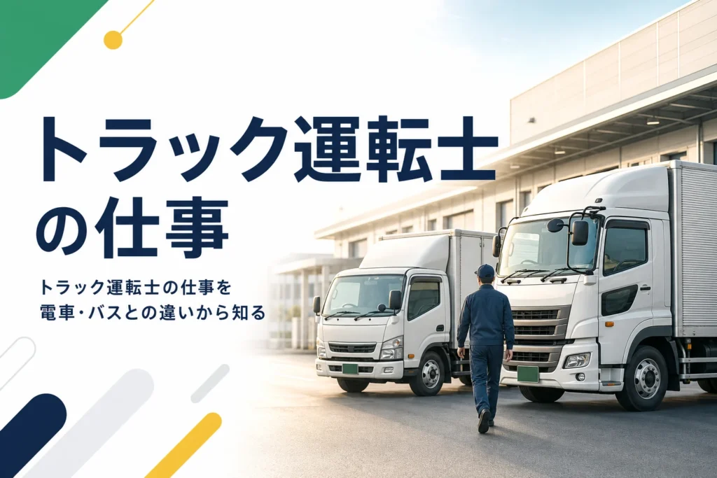トラック運転士の仕事を、電車・バスの運転士との違いと目指し方から解説する記事のアイキャッチ