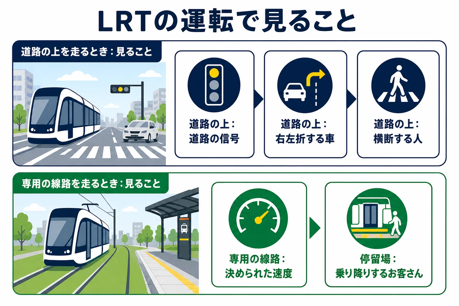 宇都宮ライトレール運転士が気を配る場面を、併用軌道と新設軌道に分けて示した図解
